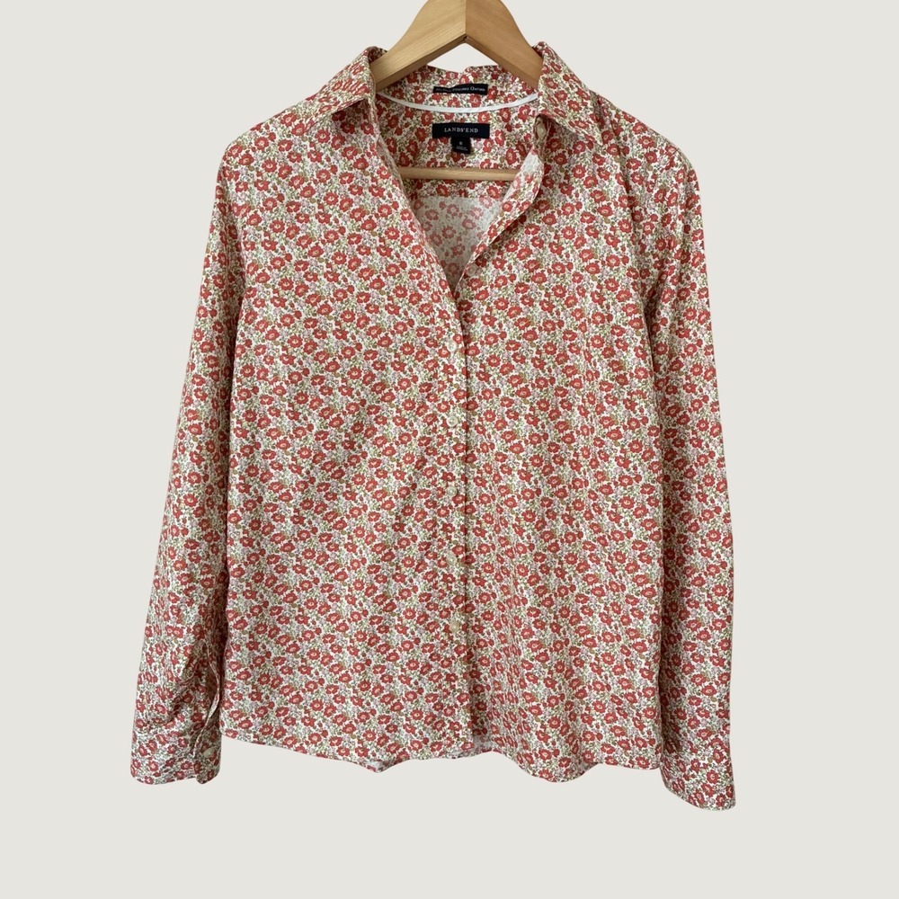 Lands End No Iron Pinpoint Oxford Shirt Womens 8 Red Floral Button Down Blouse